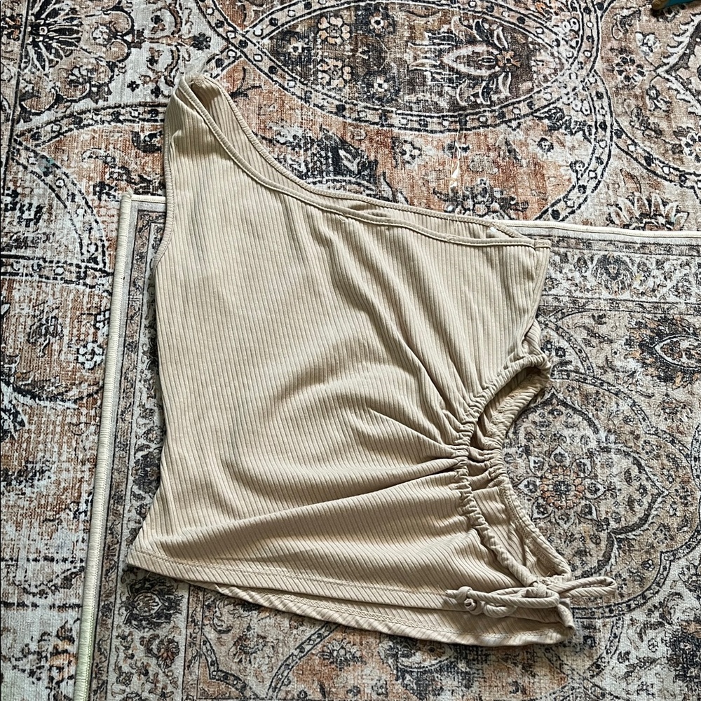 One-Shoulder Beige Ribbed Tank Top - Picture 2 of 4
